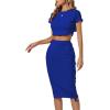 imageLYANER Womens 2 Piece Outfits Crew Neck Fringe Short Sleeve Crop Top and Tassel Trim Bodycon Midi Skirt SetSolid Blue