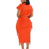 imageLYANER Womens 2 Piece Outfits Crew Neck Fringe Short Sleeve Crop Top and Tassel Trim Bodycon Midi Skirt SetSolid Orange