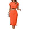 imageLYANER Womens 2 Piece Outfits Crew Neck Fringe Short Sleeve Crop Top and Tassel Trim Bodycon Midi Skirt SetSolid Orange