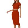imageLYANER Womens 2 Piece Outfits Crew Neck Fringe Short Sleeve Crop Top and Tassel Trim Bodycon Midi Skirt SetSolid Red
