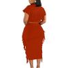 imageLYANER Womens 2 Piece Outfits Crew Neck Fringe Short Sleeve Crop Top and Tassel Trim Bodycon Midi Skirt SetSolid Red