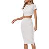 imageLYANER Womens 2 Piece Outfits Crew Neck Fringe Short Sleeve Crop Top and Tassel Trim Bodycon Midi Skirt SetSolid White