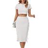 imageLYANER Womens 2 Piece Outfits Crew Neck Fringe Short Sleeve Crop Top and Tassel Trim Bodycon Midi Skirt SetSolid White