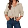 imageLYANER Womens Button Down Shirts Casual Long Sleeve Dress Shirt Roll Up Collared Work Blouse Top with PocketBeige