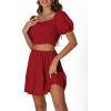 imageLYANER Womens Two Pieces Outfits Frill Smock Square Neck Top and Skirts Suit SetsRed
