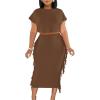 imageLYANER Womens 2 Piece Outfits Crew Neck Fringe Short Sleeve Crop Top and Tassel Trim Bodycon Midi Skirt SetBrown