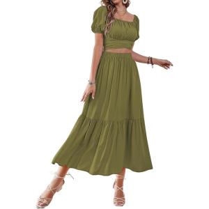 imageLYANER Womens 2 Pcs Outfits Wrap Tie Short Sleeve Crop Top Ruffle Maxi Skirt SetArmy Green