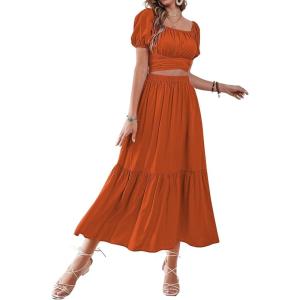 imageLYANER Womens 2 Pcs Outfits Wrap Tie Short Sleeve Crop Top Ruffle Maxi Skirt SetCaramel