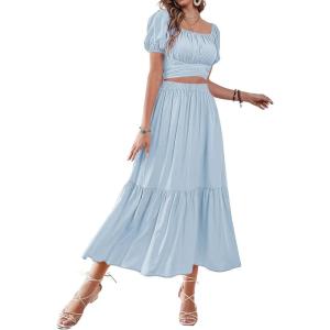imageLYANER Womens 2 Pcs Outfits Wrap Tie Short Sleeve Crop Top Ruffle Maxi Skirt SetLight Blue