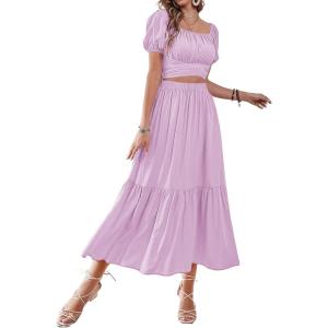 imageLYANER Womens 2 Pcs Outfits Wrap Tie Short Sleeve Crop Top Ruffle Maxi Skirt SetLight Purple