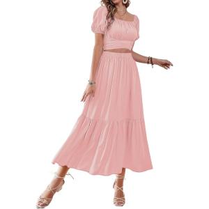 imageLYANER Womens 2 Pcs Outfits Wrap Tie Short Sleeve Crop Top Ruffle Maxi Skirt SetPink