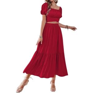 imageLYANER Womens 2 Pcs Outfits Wrap Tie Short Sleeve Crop Top Ruffle Maxi Skirt SetRed