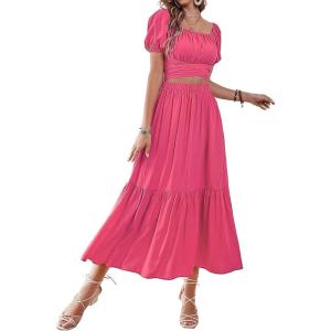 imageLYANER Womens 2 Pcs Outfits Wrap Tie Short Sleeve Crop Top Ruffle Maxi Skirt SetRose