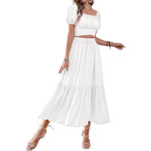 imageLYANER Womens 2 Pcs Outfits Wrap Tie Short Sleeve Crop Top Ruffle Maxi Skirt SetWhite