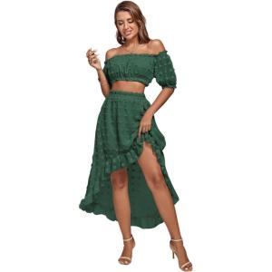 imageLYANER Womens 2 Piece Outfit Dress Off Shoulder Crop Top High Waist Ruffle Midi Skirt SetDark Green