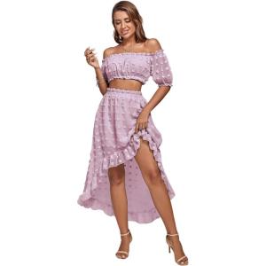 imageLYANER Womens 2 Piece Outfit Dress Off Shoulder Crop Top High Waist Ruffle Midi Skirt SetDusty Pink