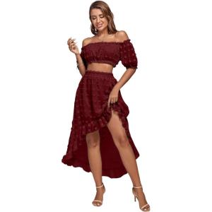 imageLYANER Womens 2 Piece Outfit Dress Off Shoulder Crop Top High Waist Ruffle Midi Skirt SetWine Red