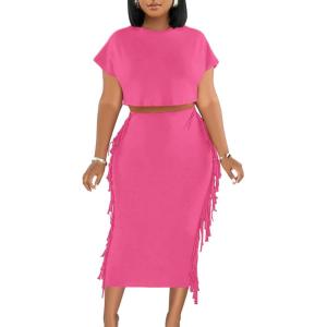 imageLYANER Womens 2 Piece Outfits Crew Neck Fringe Short Sleeve Crop Top and Tassel Trim Bodycon Midi Skirt SetBaby Pink