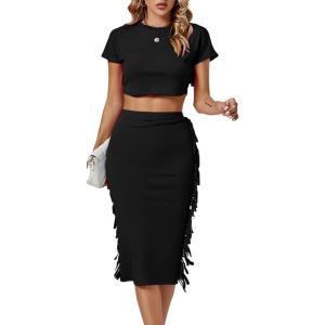 imageLYANER Womens 2 Piece Outfits Crew Neck Fringe Short Sleeve Crop Top and Tassel Trim Bodycon Midi Skirt SetBlack