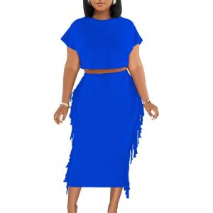 imageLYANER Womens 2 Piece Outfits Crew Neck Fringe Short Sleeve Crop Top and Tassel Trim Bodycon Midi Skirt SetBlue