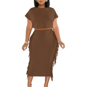 imageLYANER Womens 2 Piece Outfits Crew Neck Fringe Short Sleeve Crop Top and Tassel Trim Bodycon Midi Skirt SetBrown