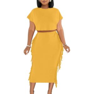 imageLYANER Womens 2 Piece Outfits Crew Neck Fringe Short Sleeve Crop Top and Tassel Trim Bodycon Midi Skirt SetGinger