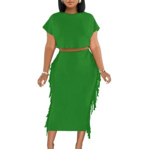 imageLYANER Womens 2 Piece Outfits Crew Neck Fringe Short Sleeve Crop Top and Tassel Trim Bodycon Midi Skirt SetGreen