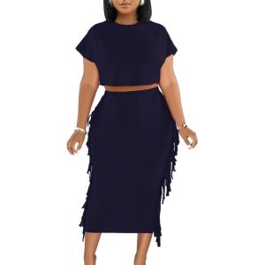 imageLYANER Womens 2 Piece Outfits Crew Neck Fringe Short Sleeve Crop Top and Tassel Trim Bodycon Midi Skirt SetNavy Blue