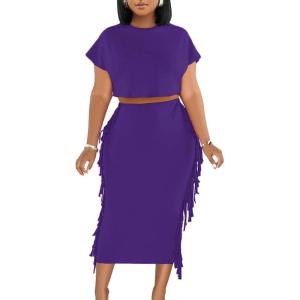 imageLYANER Womens 2 Piece Outfits Crew Neck Fringe Short Sleeve Crop Top and Tassel Trim Bodycon Midi Skirt SetPurple
