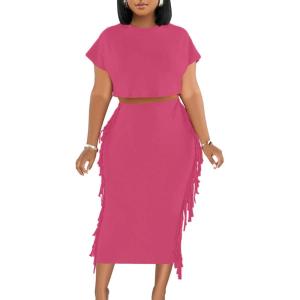 imageLYANER Womens 2 Piece Outfits Crew Neck Fringe Short Sleeve Crop Top and Tassel Trim Bodycon Midi Skirt SetRose