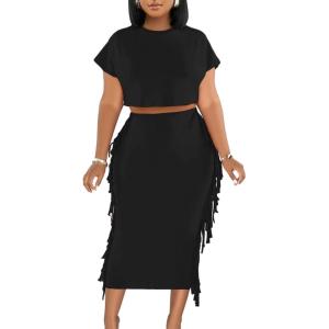 imageLYANER Womens 2 Piece Outfits Crew Neck Fringe Short Sleeve Crop Top and Tassel Trim Bodycon Midi Skirt SetSolid Black