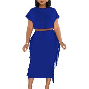 imageLYANER Womens 2 Piece Outfits Crew Neck Fringe Short Sleeve Crop Top and Tassel Trim Bodycon Midi Skirt SetSolid Blue