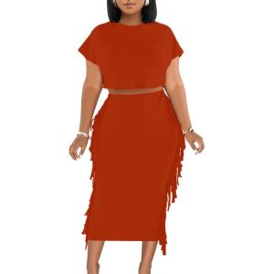 imageLYANER Womens 2 Piece Outfits Crew Neck Fringe Short Sleeve Crop Top and Tassel Trim Bodycon Midi Skirt SetSolid Red