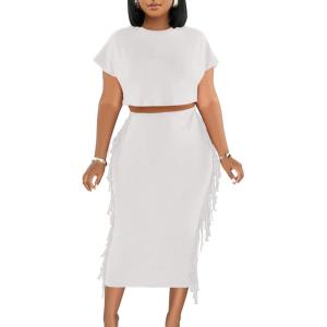imageLYANER Womens 2 Piece Outfits Crew Neck Fringe Short Sleeve Crop Top and Tassel Trim Bodycon Midi Skirt SetSolid White
