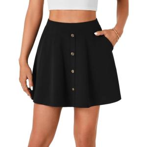 imageLYANER Womens Above Knee Length Casual Skirt Stretchy Button High Waist ALine Flared Vintage Mini Skater Skirts with PocketBlack