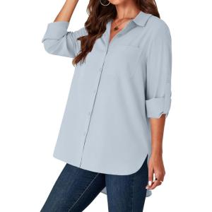 imageLYANER Womens Button Down Shirts Casual Long Sleeve Dress Shirt Roll Up Collared Work Blouse Top with PocketAzure
