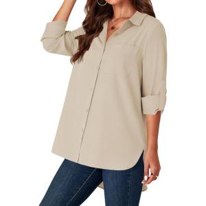 imageLYANER Womens Button Down Shirts Casual Long Sleeve Dress Shirt Roll Up Collared Work Blouse Top with PocketBeige