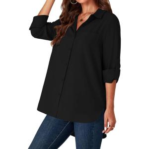 imageLYANER Womens Button Down Shirts Casual Long Sleeve Dress Shirt Roll Up Collared Work Blouse Top with PocketBlack