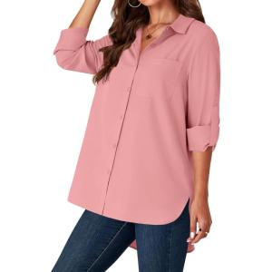 imageLYANER Womens Button Down Shirts Casual Long Sleeve Dress Shirt Roll Up Collared Work Blouse Top with PocketPink