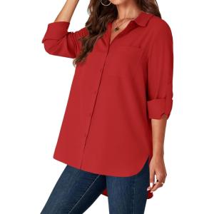 imageLYANER Womens Button Down Shirts Casual Long Sleeve Dress Shirt Roll Up Collared Work Blouse Top with PocketRed