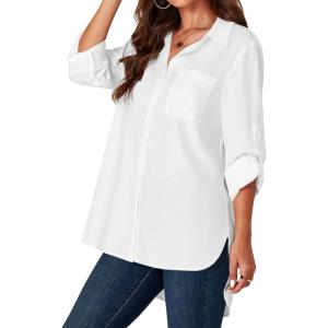 imageLYANER Womens Button Down Shirts Casual Long Sleeve Dress Shirt Roll Up Collared Work Blouse Top with PocketWhite