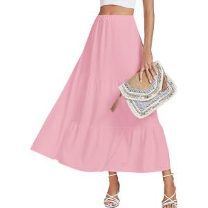 imageLYANER Womens Elastic High Waisted Ruched Tiered Ruffle Hem Long Skirt with PocketsPink