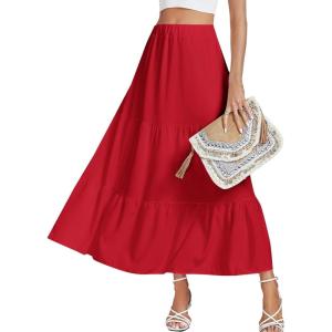 imageLYANER Womens Elastic High Waisted Ruched Tiered Ruffle Hem Long Skirt with PocketsRed