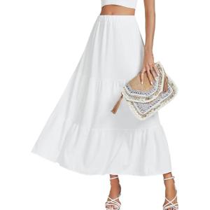 imageLYANER Womens Elastic High Waisted Ruched Tiered Ruffle Hem Long Skirt with PocketsWhite