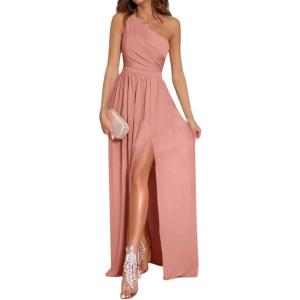 imageLYANER Womens One Shoulder High Split Sleeveless Ruched Sexy Cocktail Maxi Long DressDusty Pink