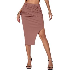 imageLYANER Womens Ruched Wrap High Waist Split Side Asymmetrical Bodycon Pencil Midi SkirtDusty Pink