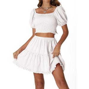 imageLYANER Womens Two Pieces Outfits Frill Smock Square Neck Top and Skirts Suit SetsWhite