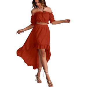 imageLYANER Womens Two Pieces Outfits Off Shoulder Crop Top and High Low Skirt SetBrick Red