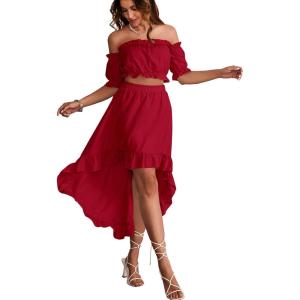 imageLYANER Womens Two Pieces Outfits Off Shoulder Crop Top and High Low Skirt SetBurgundy