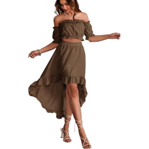 imageLYANER Womens Two Pieces Outfits Off Shoulder Crop Top and High Low Skirt SetCoffee
